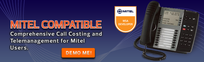 Background of a Mitel PBX, text Mitel Call Reporting from Mitel MSA Developer
