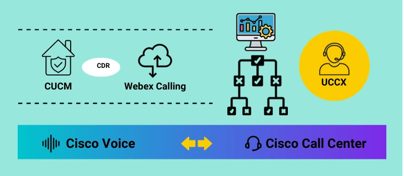 large hero image of Cisco CUCM, Webex Calling, UCCX data structure in bold cyan, black, yellow
