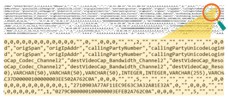 example of cisco CDR data with a magnifier showing a close up of the data stream