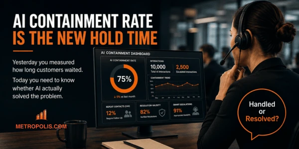 Dashboard illustration showing key metrics for AI containment rate in a contact center analytics platform.